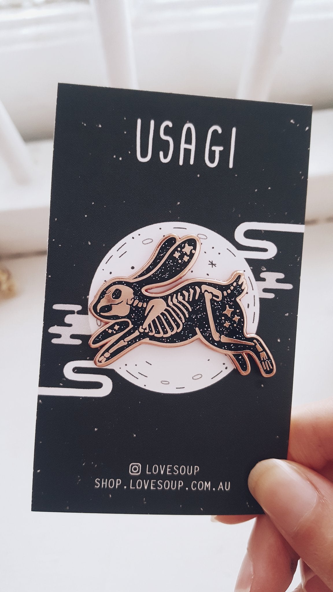 Black Skeleton Rabbit Enamel Pin (Glitter)